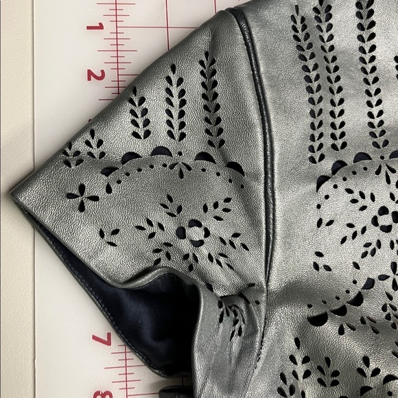 CATHERINE DEANE Modern Leather & Silk Eyelet/Cut Out Gunmetal Party Dress SZ 6 - Picture 7 of 16